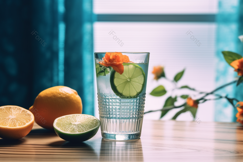 蓝色窗帘柠檬香橙杯子特写摄影,高清,摄影图,摄影图片,图片大全,摄影图免费下载